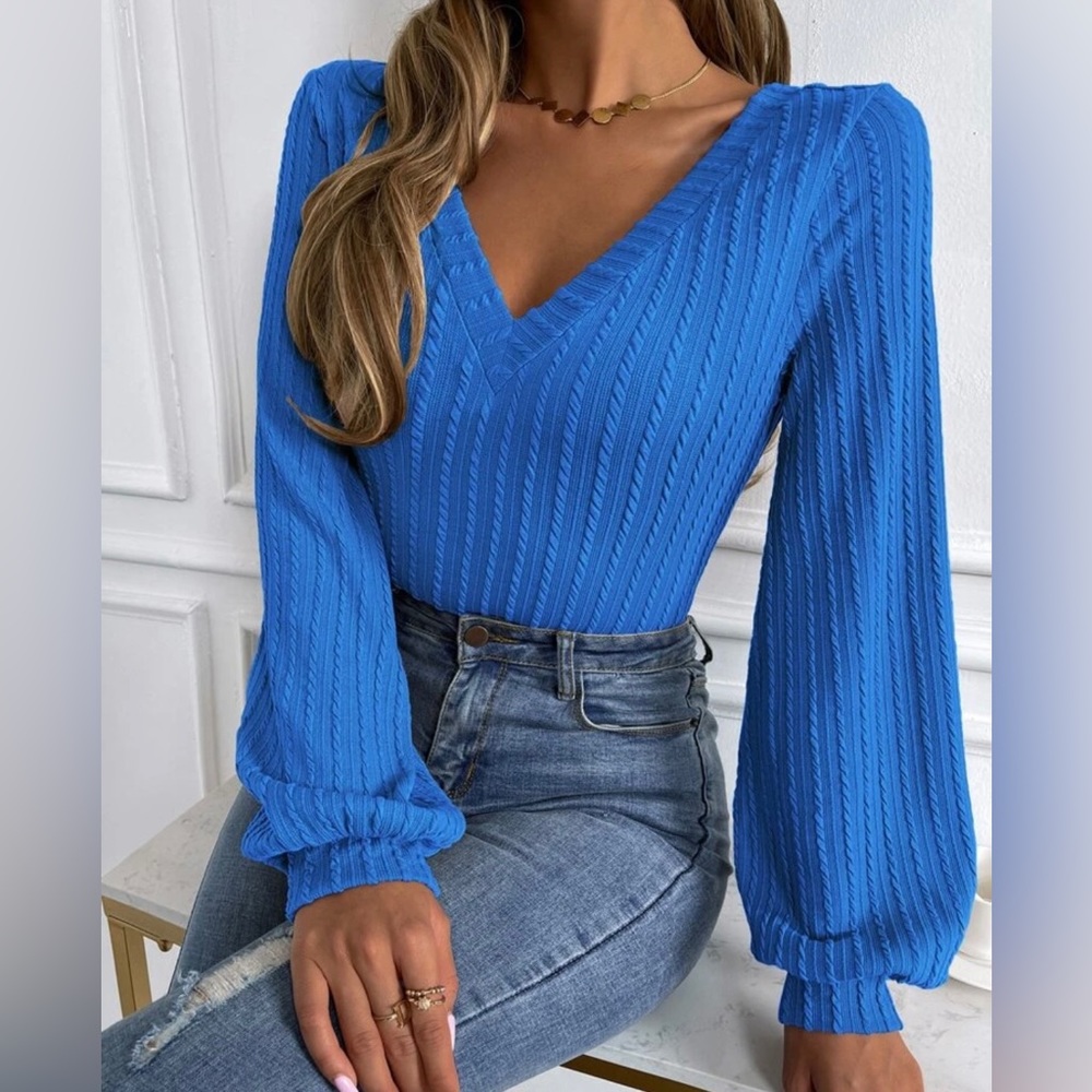 Blue SHEIN Rib-Knit Long Sleeve Top Size S